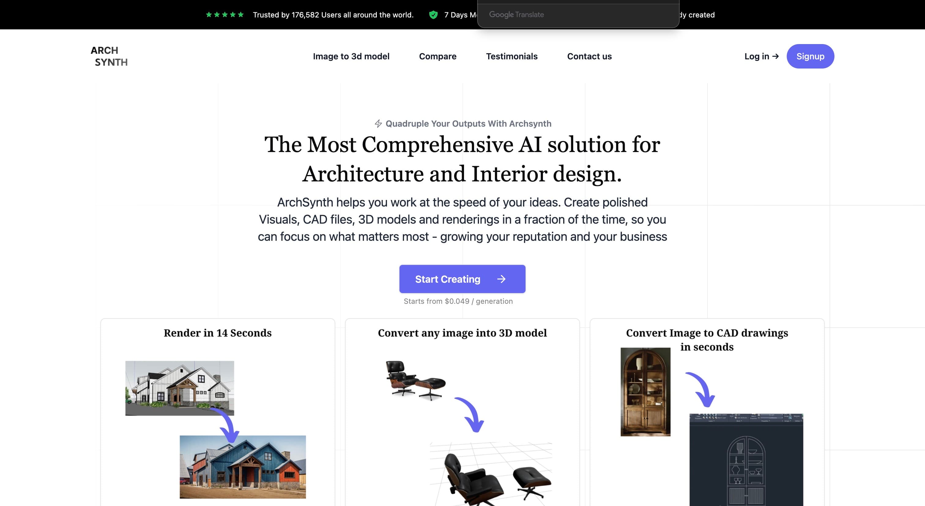 Landing page ArchSynth - solution IA complète pour l'architecture et le design intérieur