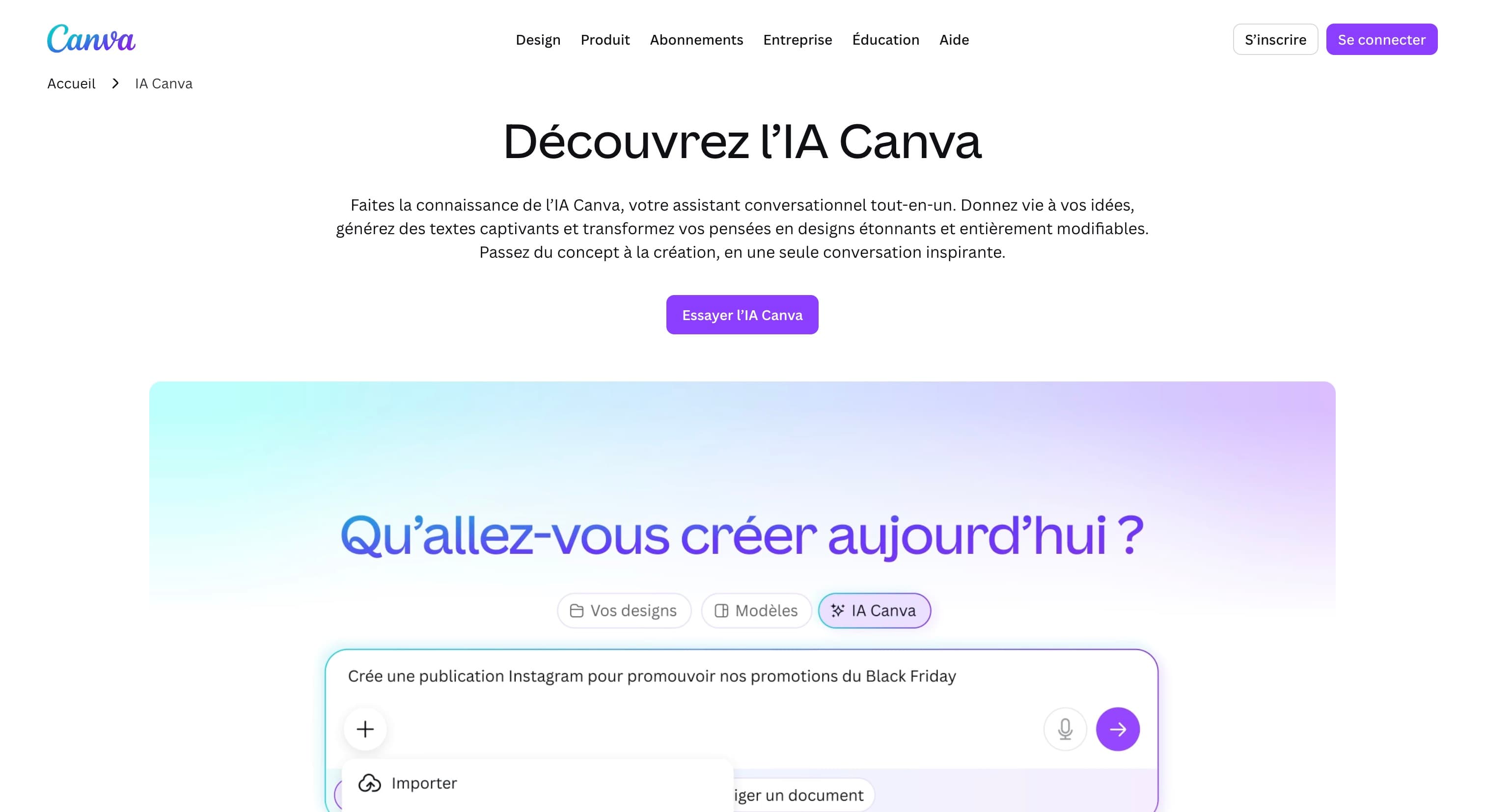 Landing page IA Canva - assistant créatif conversationnel