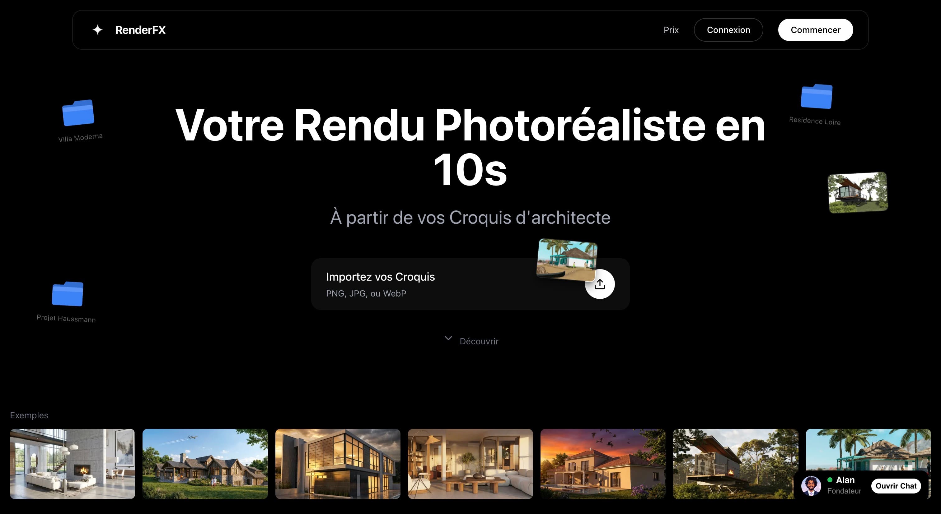 Landing page RenderFX - rendu architectural IA en 10 secondes