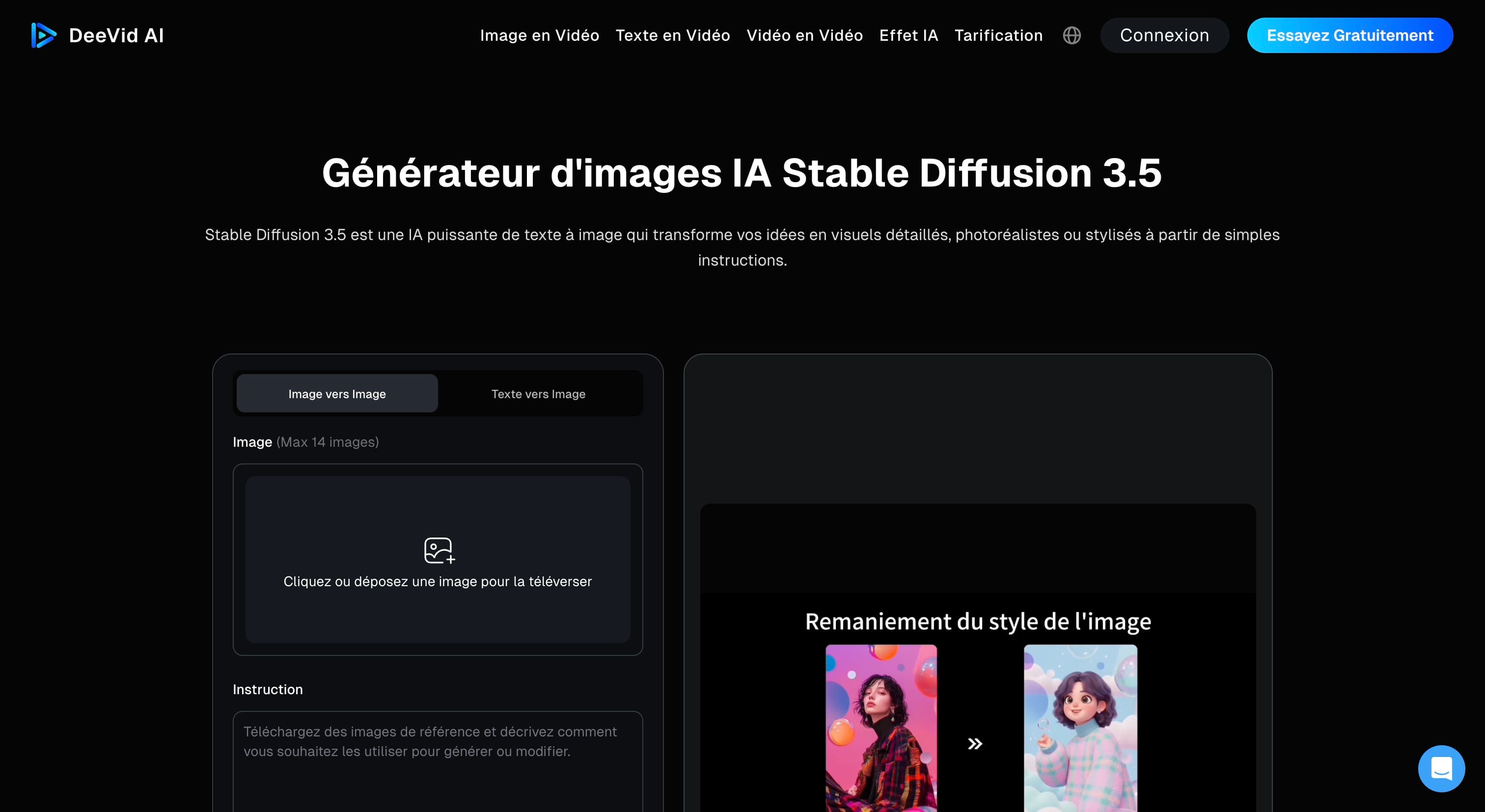 Interface Stable Diffusion 3.5 via DeVid AI - générateur d'images open source